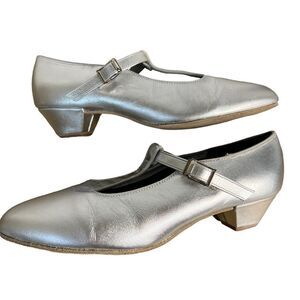 Tic Tac Toes Dance Shoes Womens 8EE Extra Wide Silver Peggy T-Strap 1.25” Heel